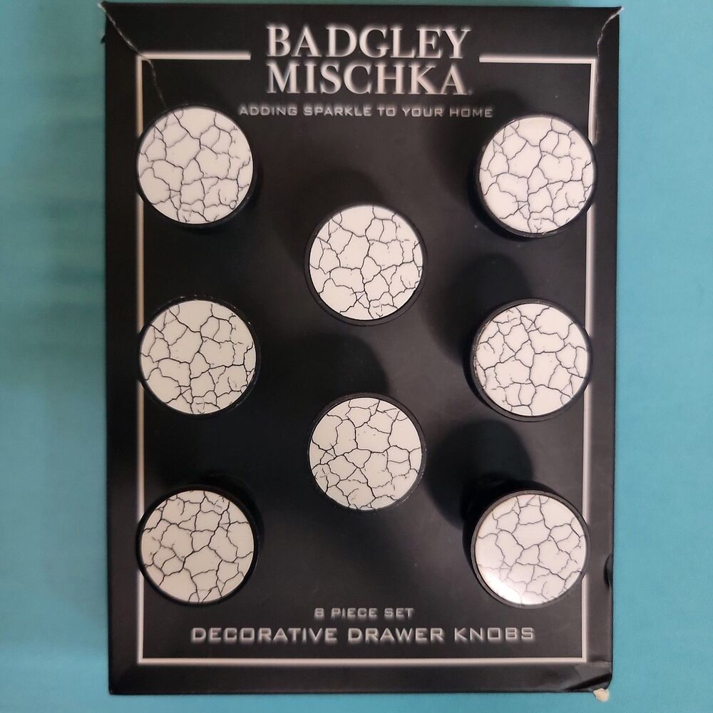 Badgley Mischka Decorative Drawer 1" Knobs Set Of 8 Open Box Crackle White Black